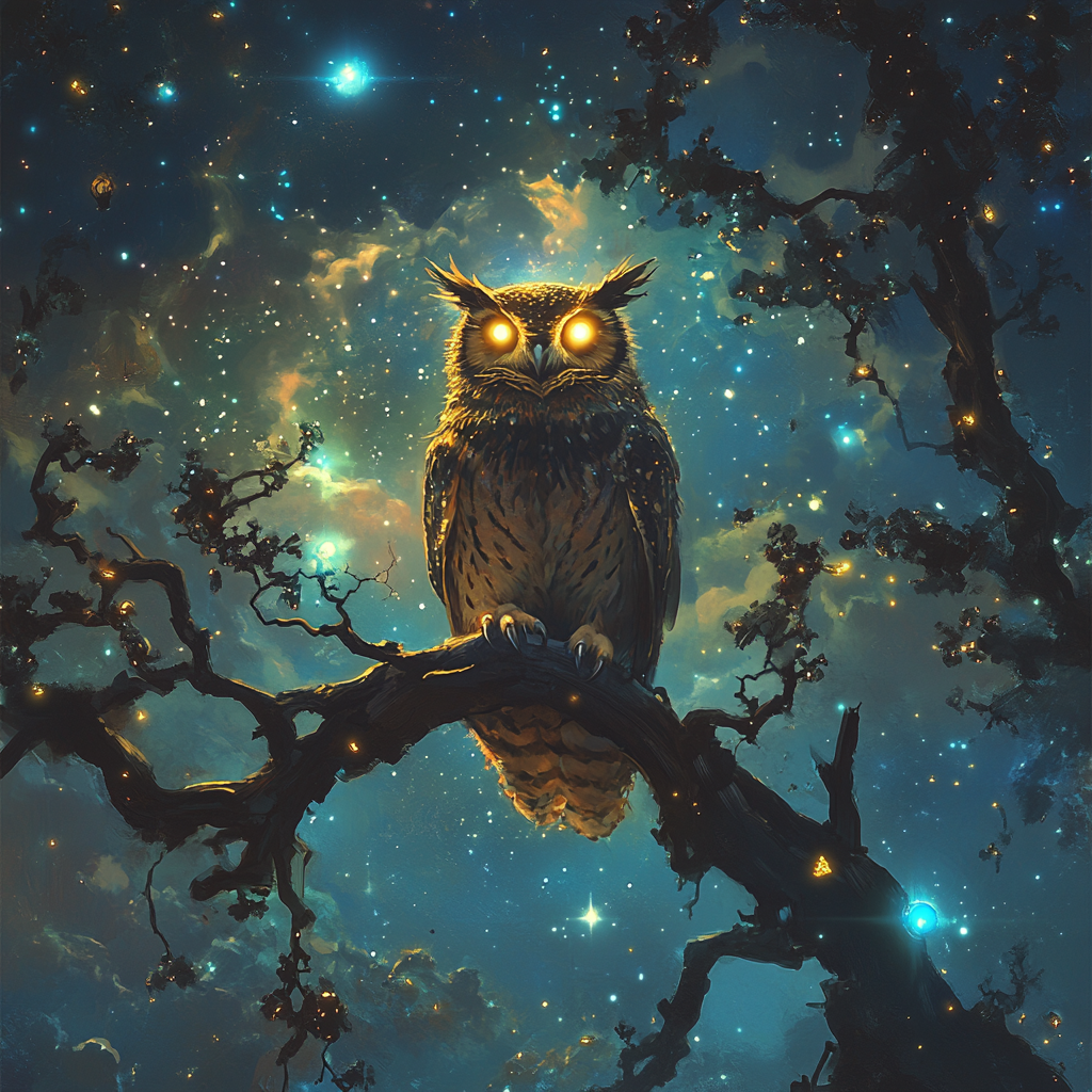 An Owl on a Branch Under Starry Sky