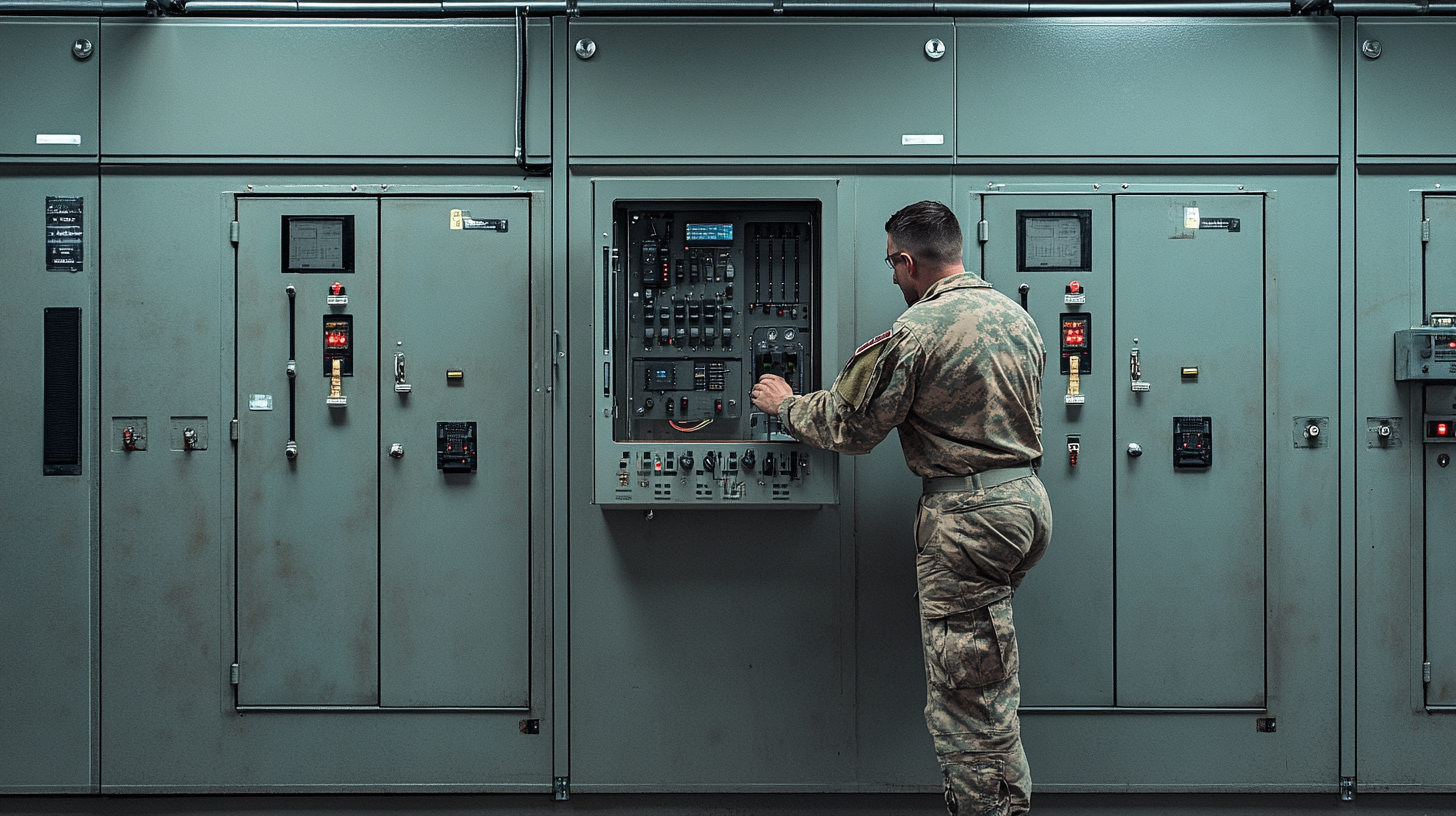 An US soldier fixing electrical cabinet in 8K.