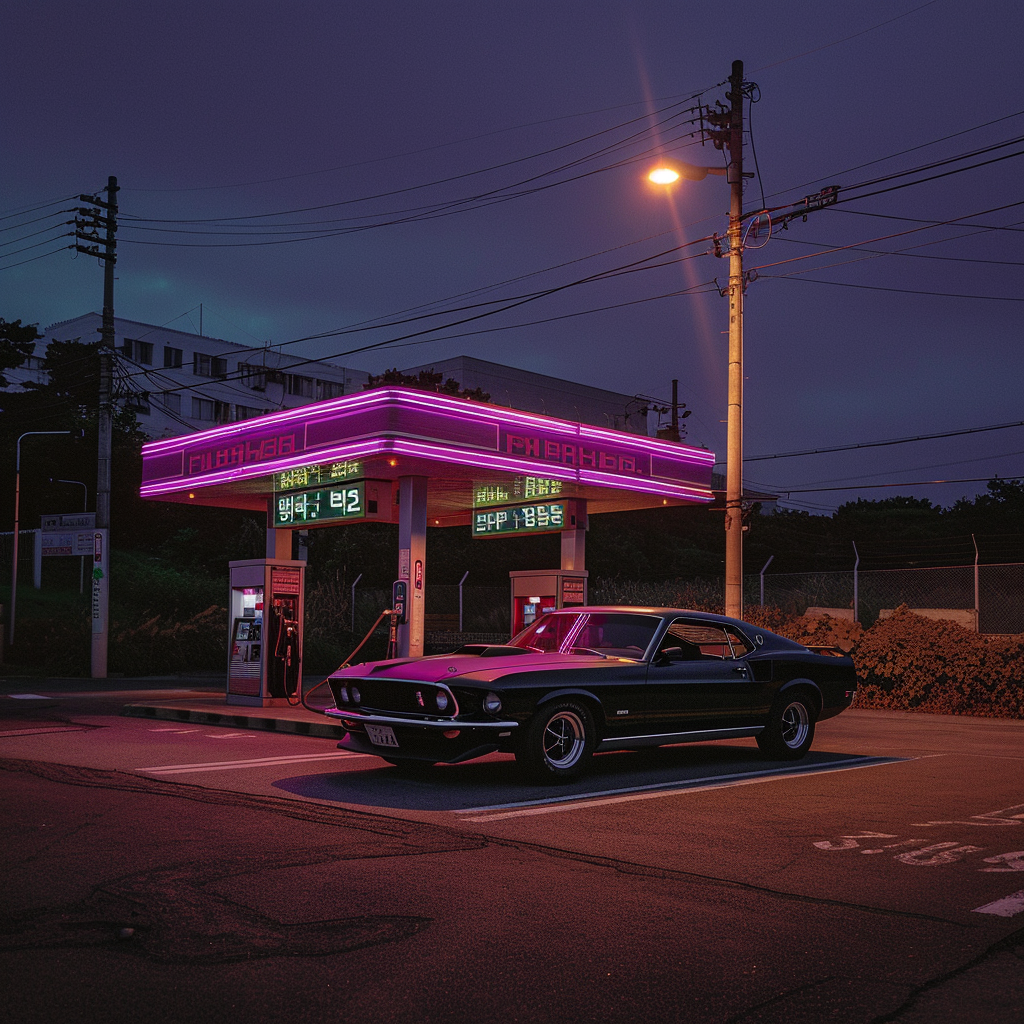 An abandoned petrol station in Seoul at night