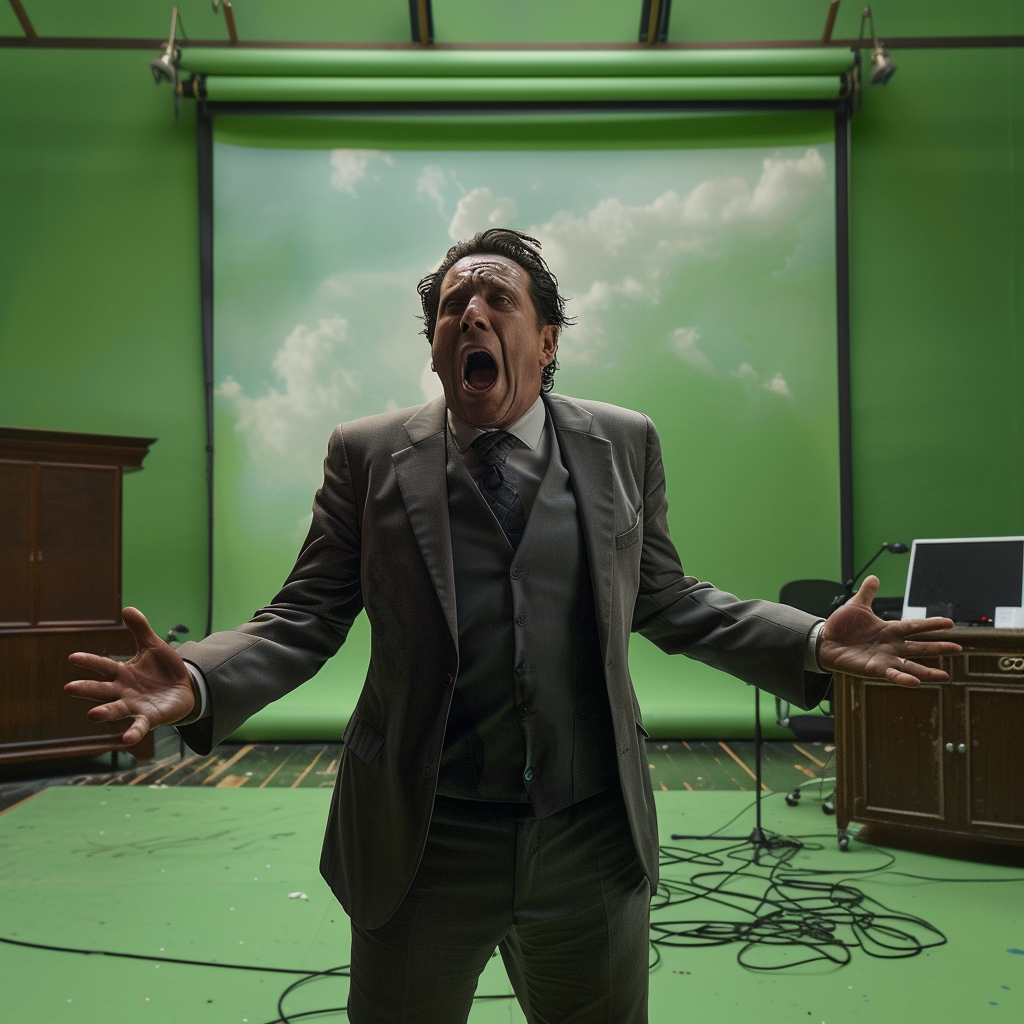 An actor yells at green screen in lawyer’s office