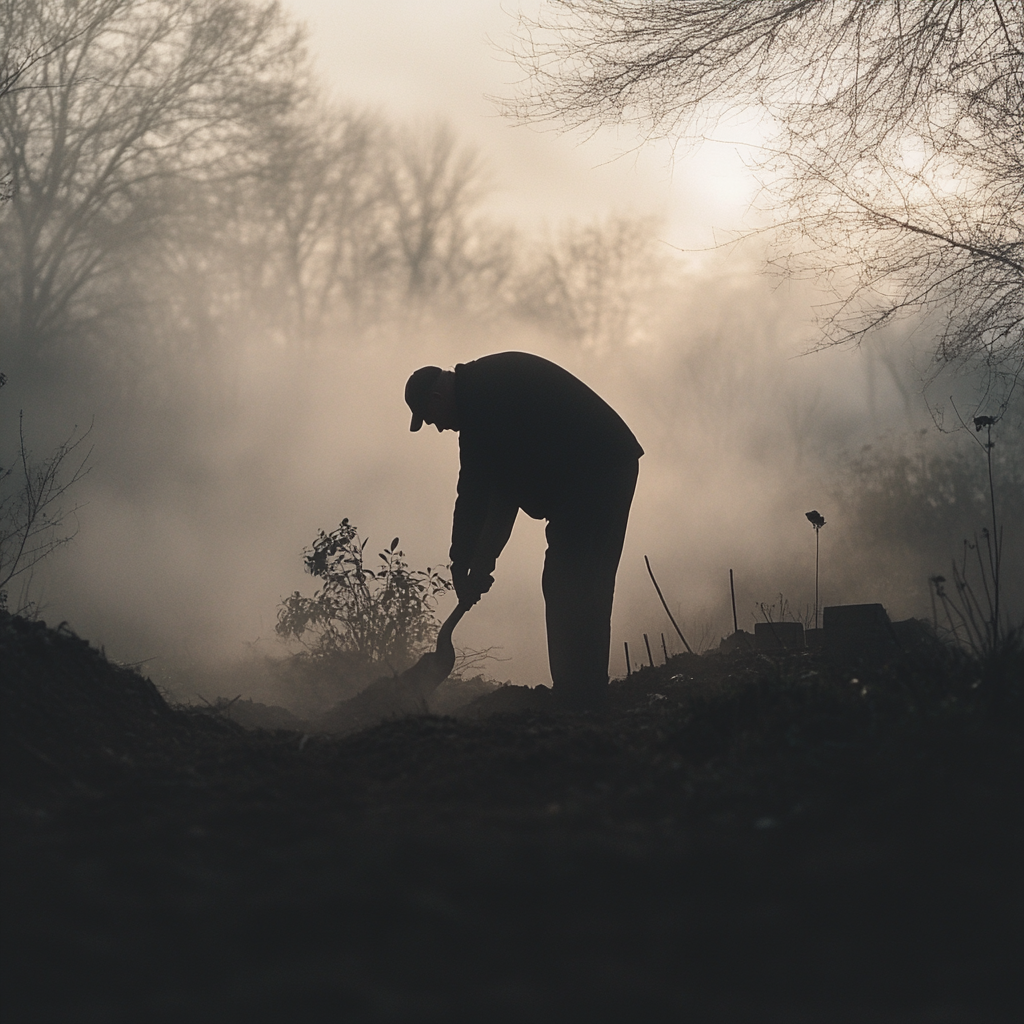 An adult man digging a grave outside.