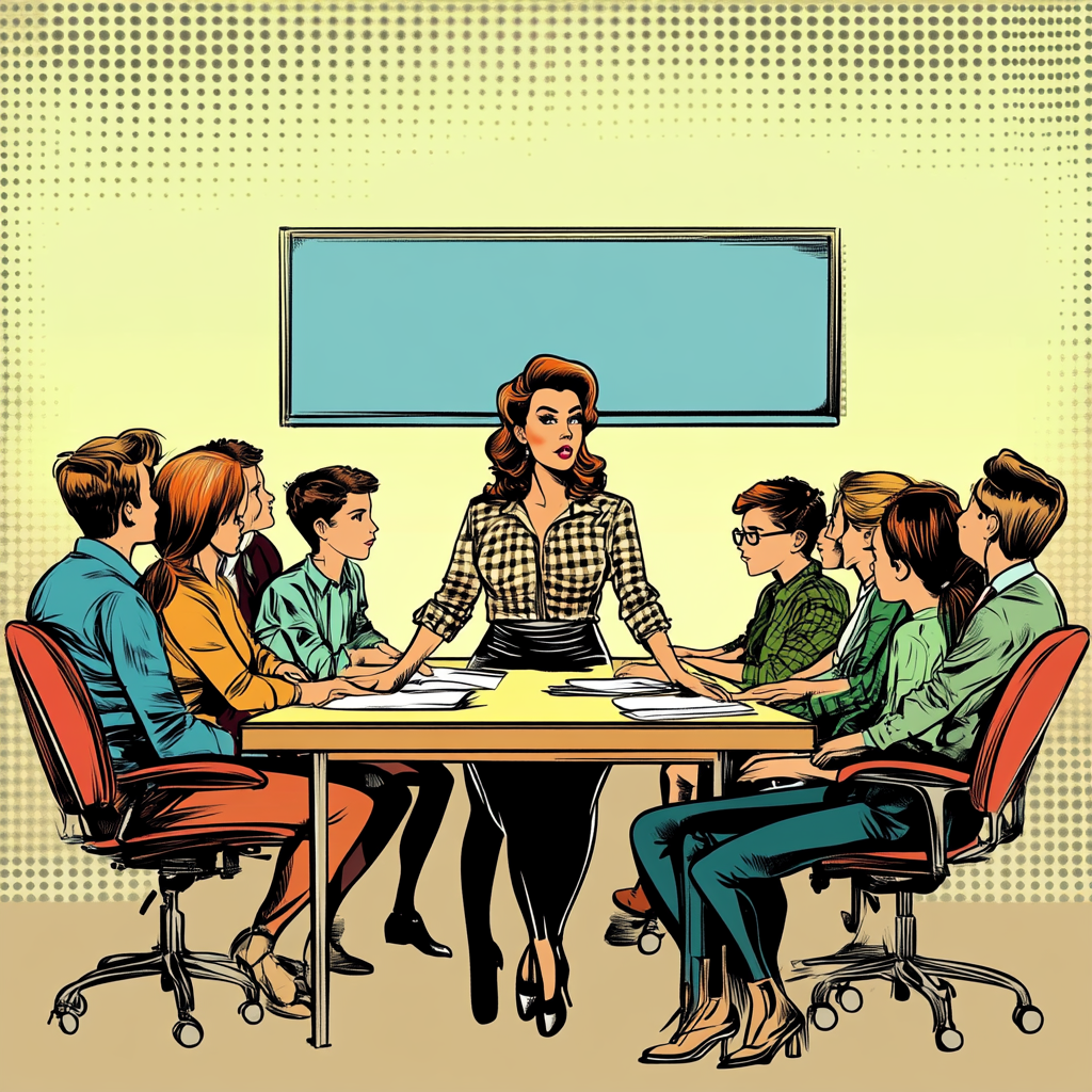 An adult woman talks with students in office.