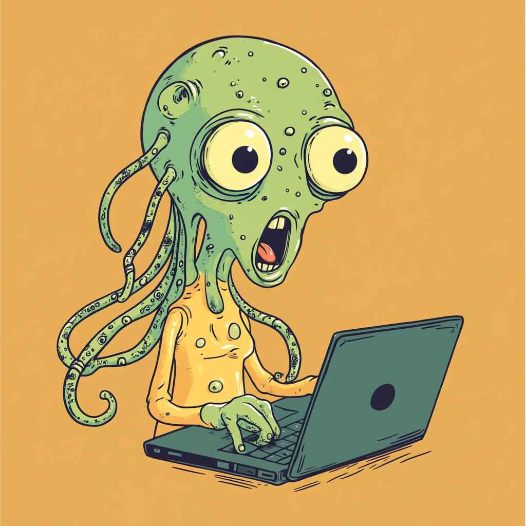 An alien with tentacles using laptop cartoon character.