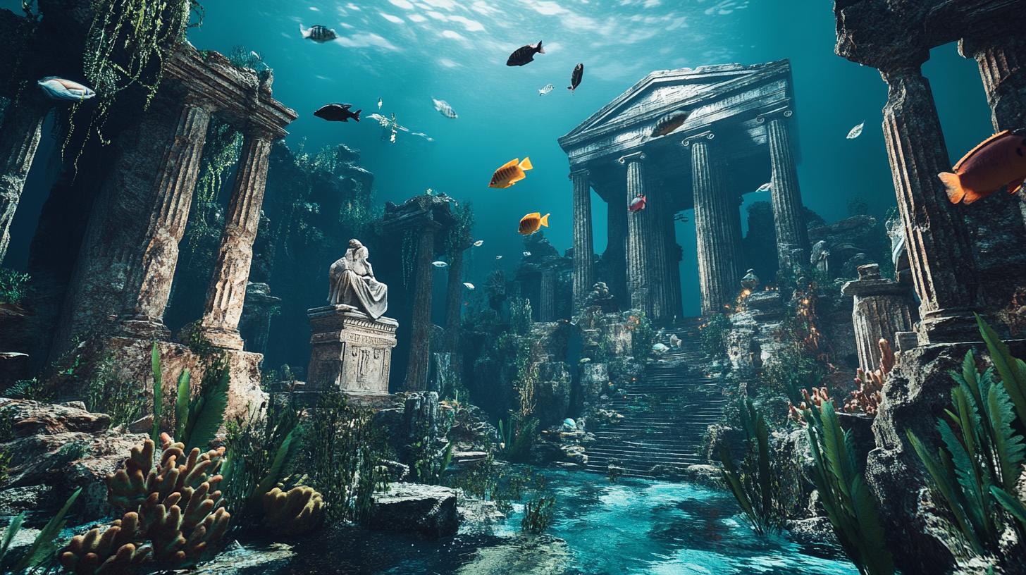 An ancient underwater Greek city with vibrant marine life