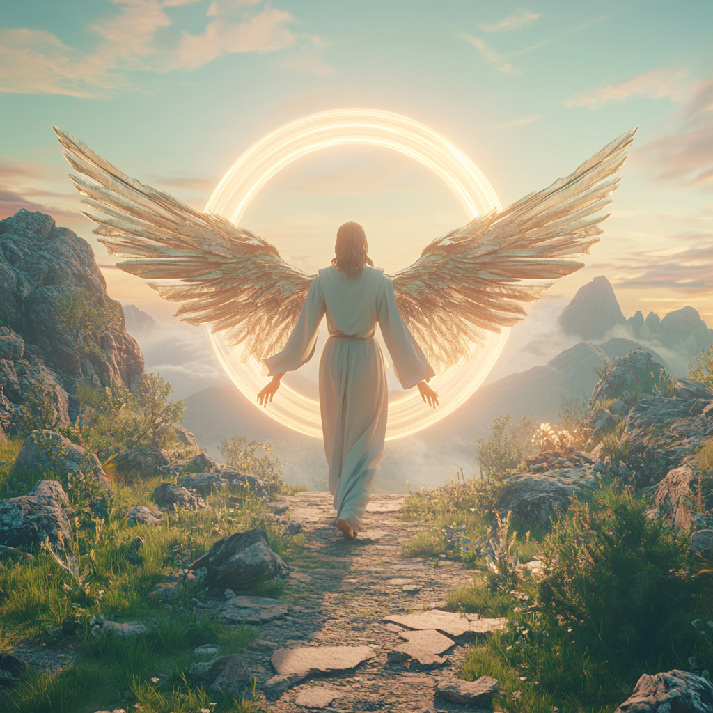 An angelic figure shining in divine landscape