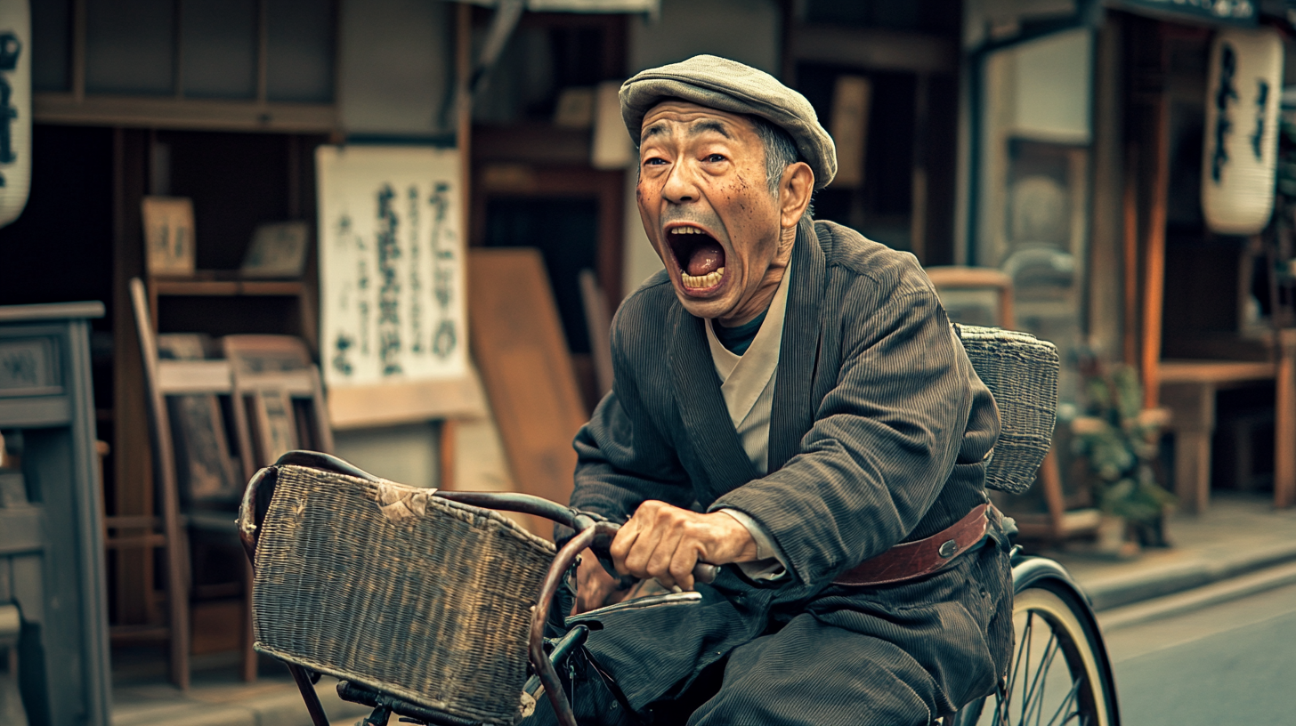 An angry Japanese man yells in front of store