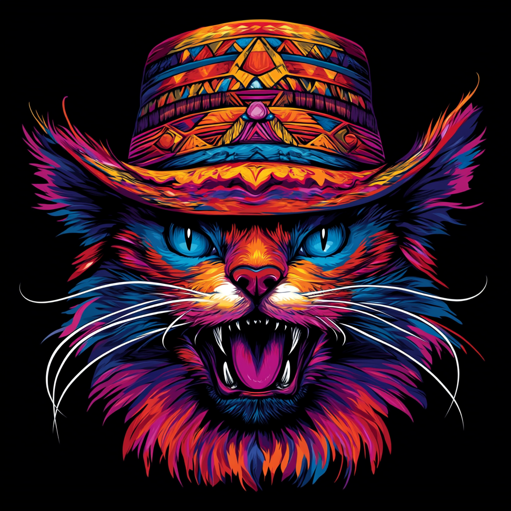 An angry cat in a bright hat on shirt