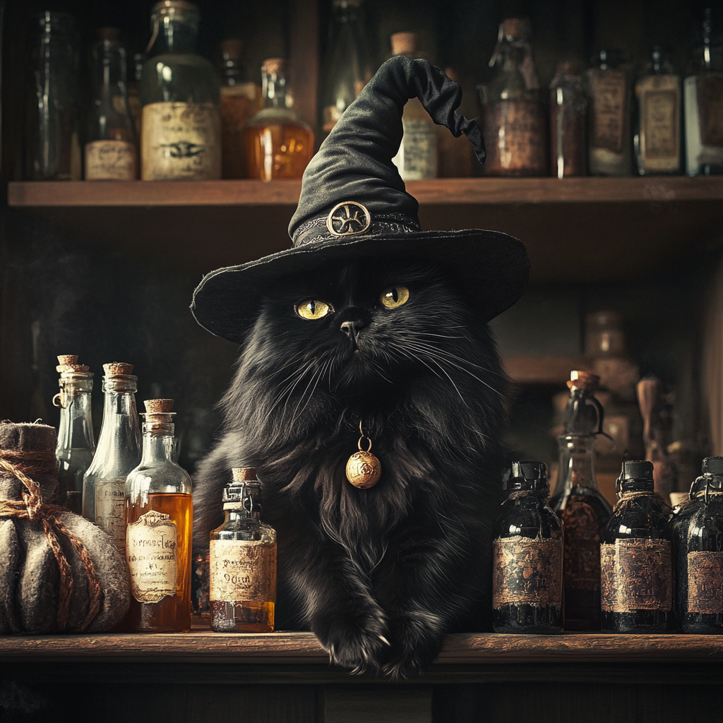 An angry cat in witch hat surrounded by potions