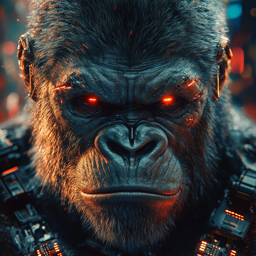 An angry cyborg gorilla with futuristic energy.