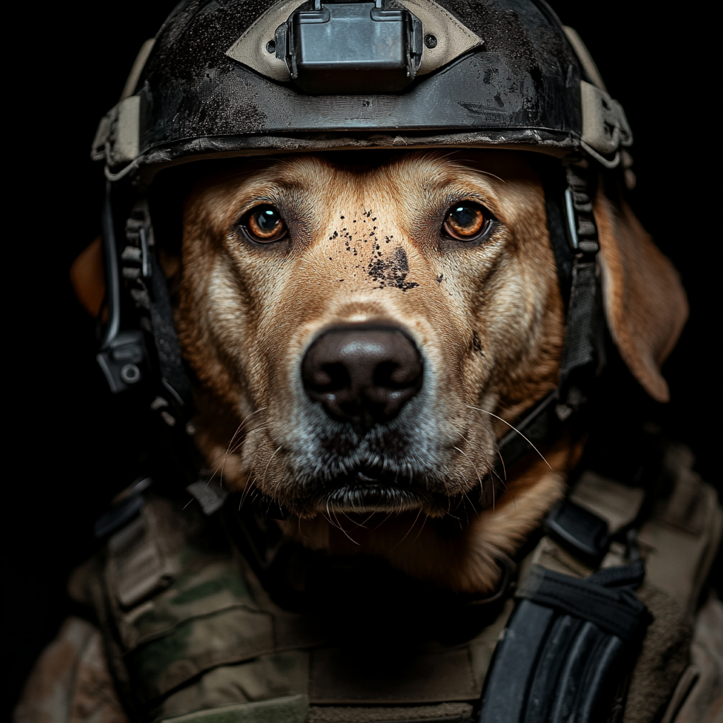 An angry dog in a military outfit