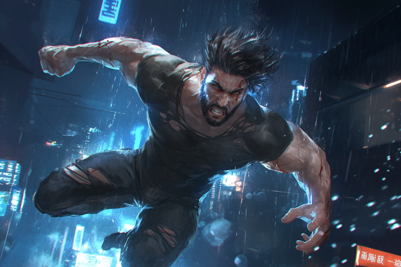 An angry man jumping in dark stormy town art.