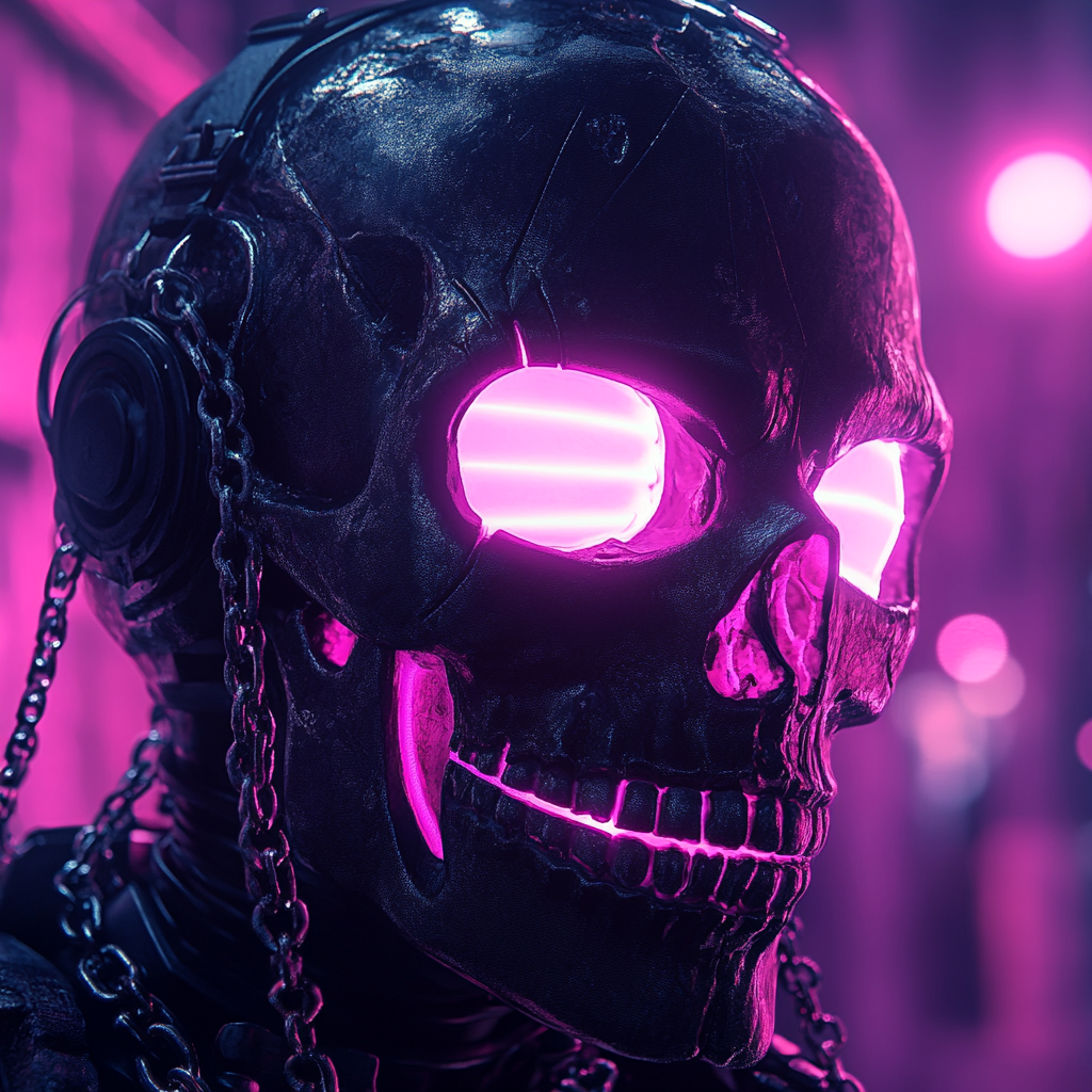 An anime-style cyberpunk skull with white eyes.