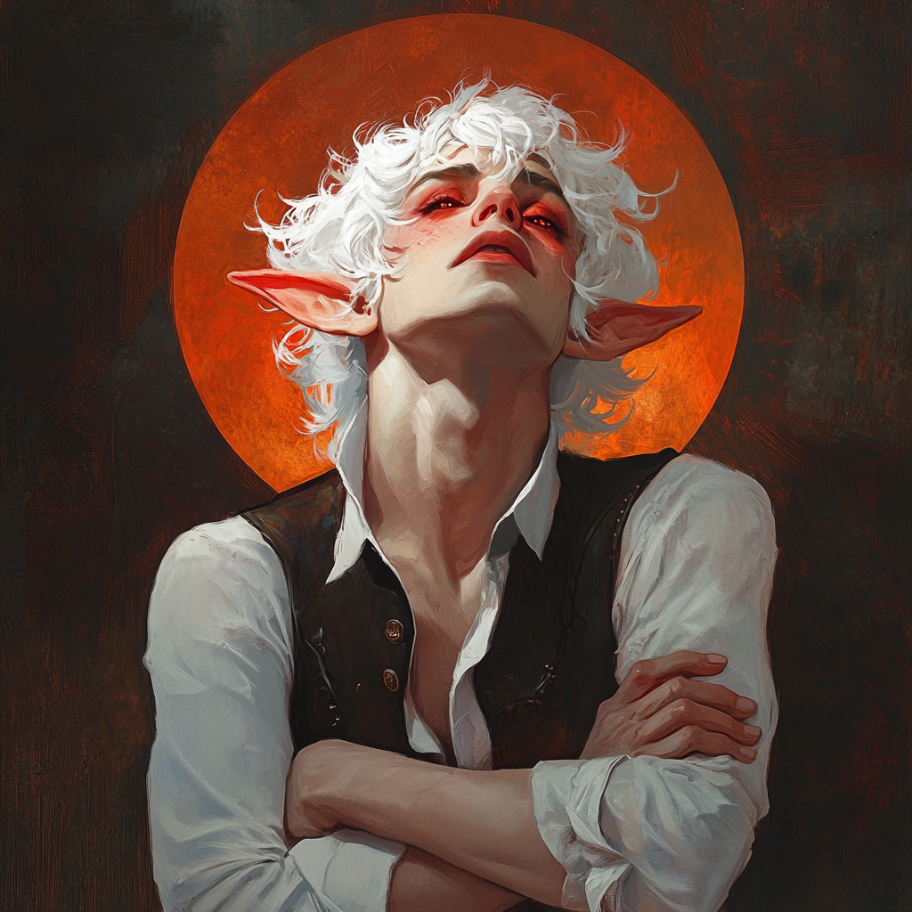 An annoyed male elf with white hair & red eyes.