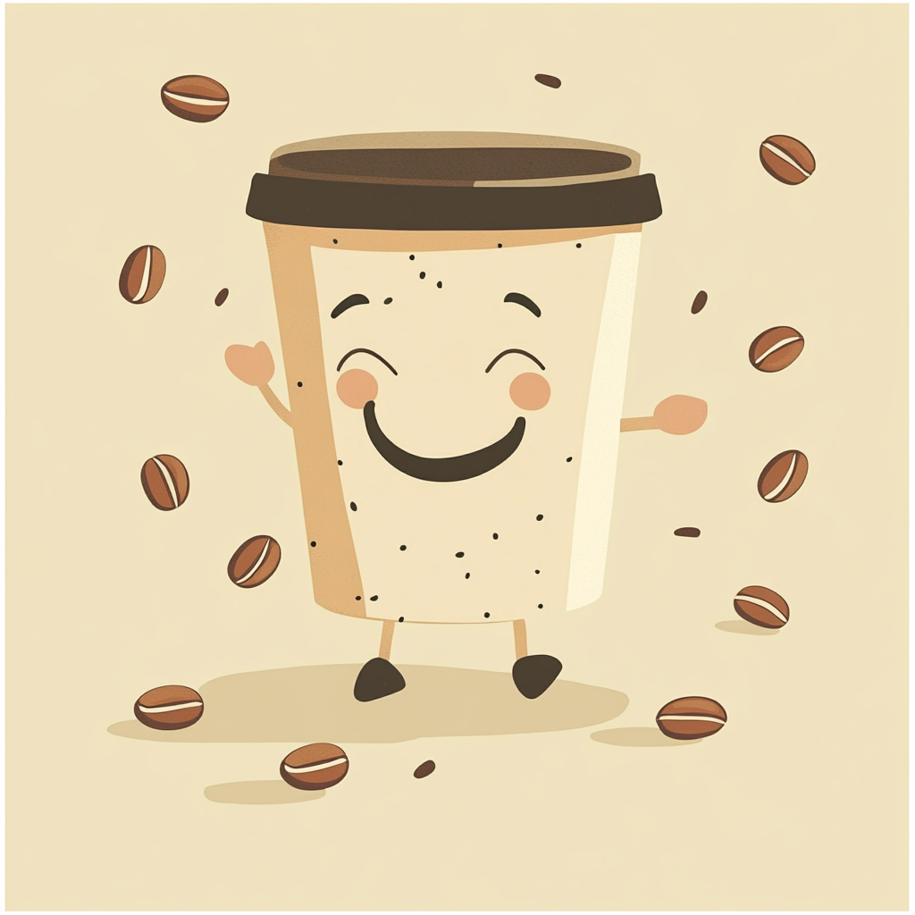 An anthropomorphic coffee cup surrounded by coffee beans illustration.