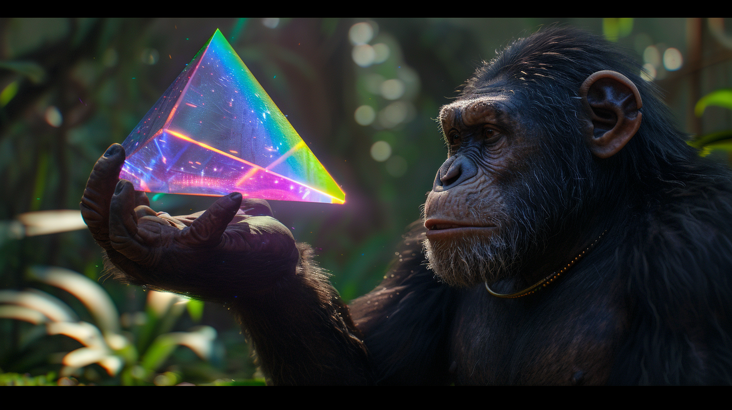 An ape with colorful light prism.