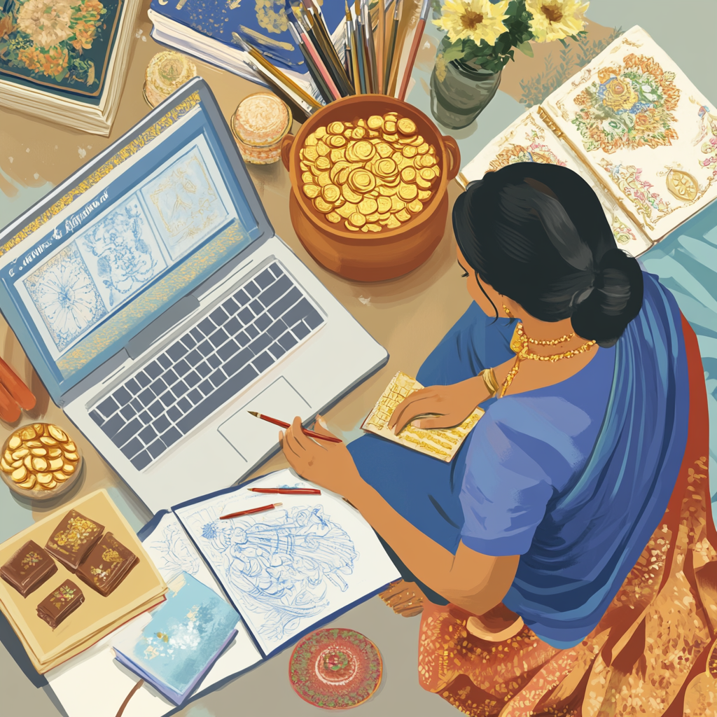 An artist painting Goddess Lakshmi on laptop