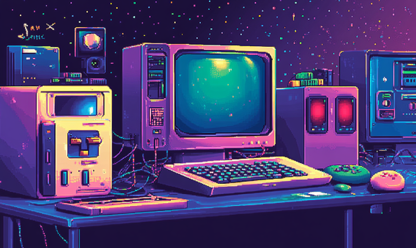 An artistic, colorful retro pixel art illustrating cybersecurity.