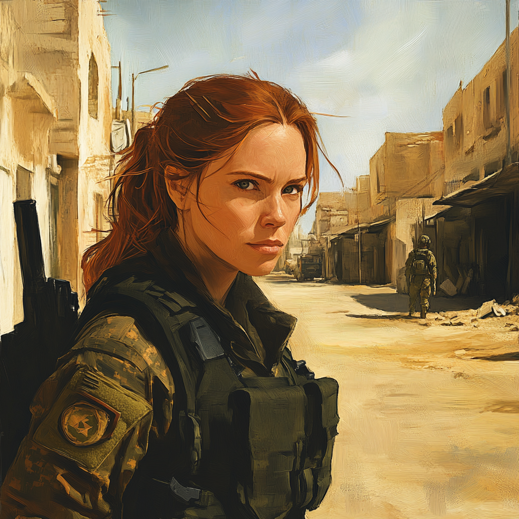 An artistic picture of a female soldier walking.