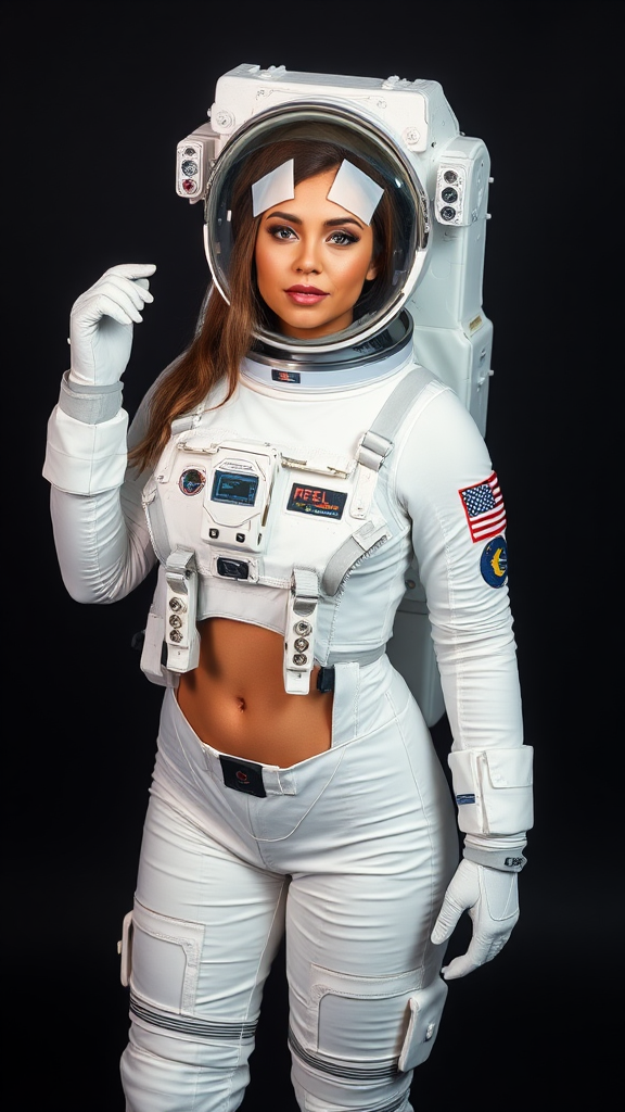 An astronaut with tan skin is curvy in the suit.