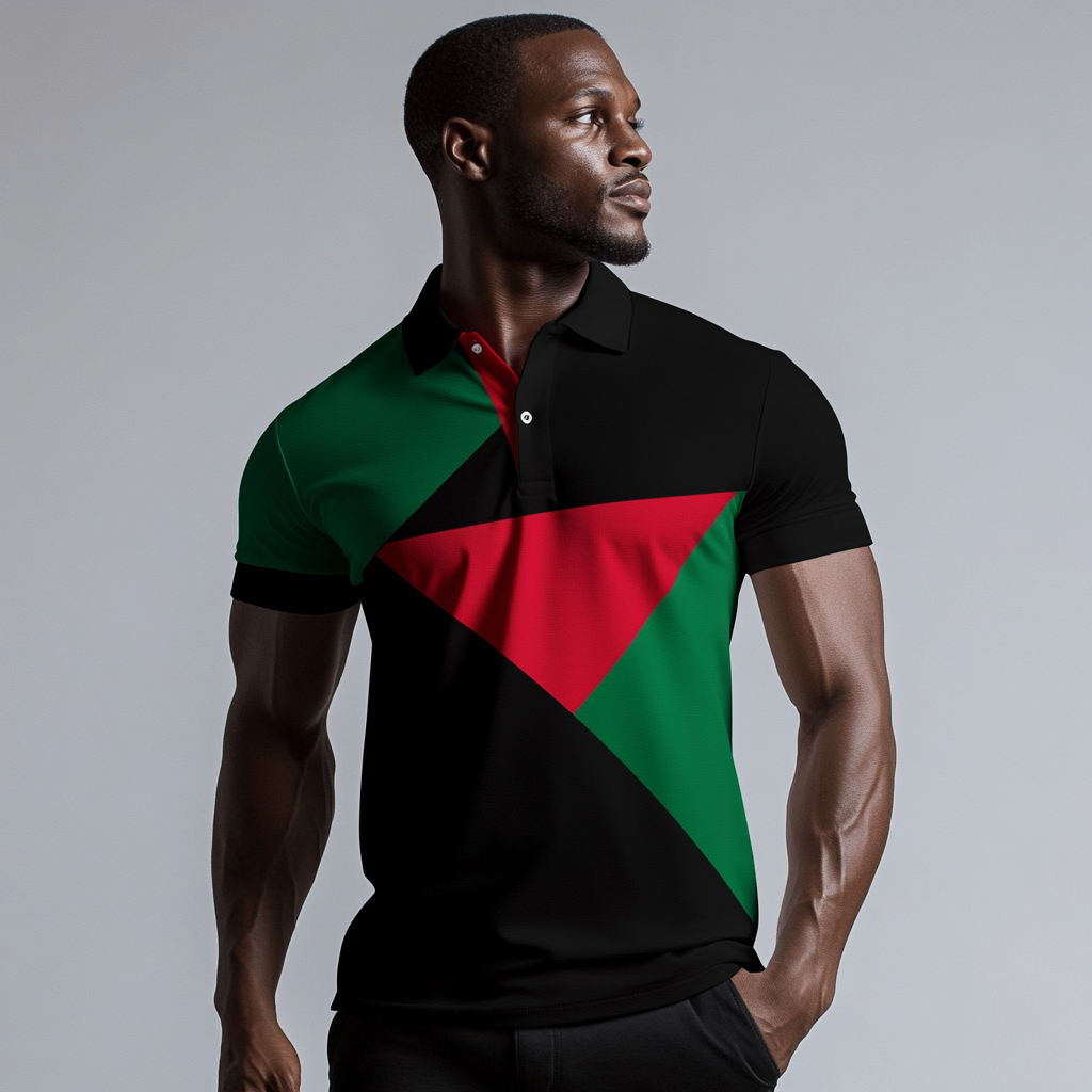 An athletic black man wearing a flag-print polo shirt.