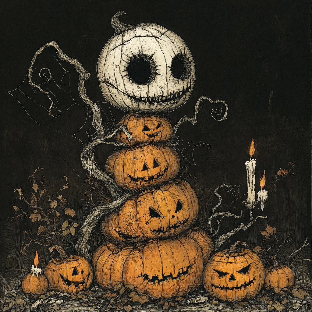 An eerie, gothic pumpkin character surrounded by darkness