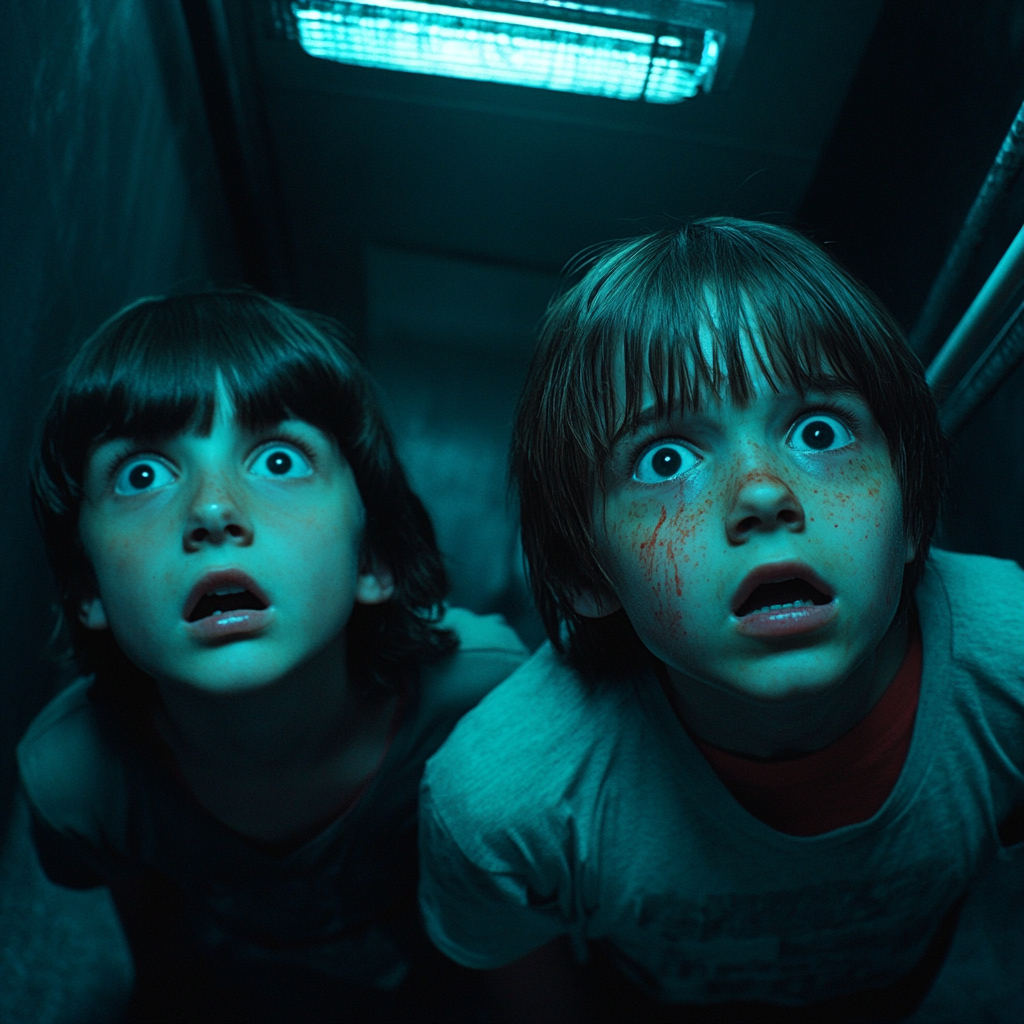 An eerie 90s UFO corridor with two scared kids.