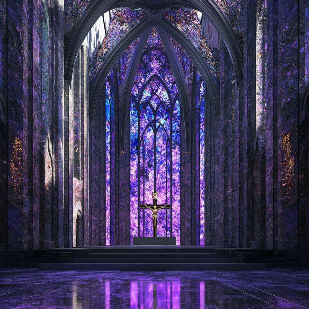 An eerie cathedral interior with broken cross.