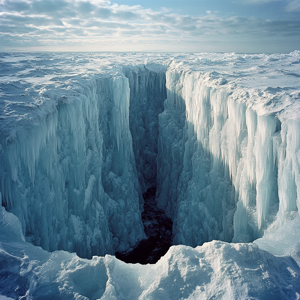 An eerie frozen wasteland in a deep canyon.