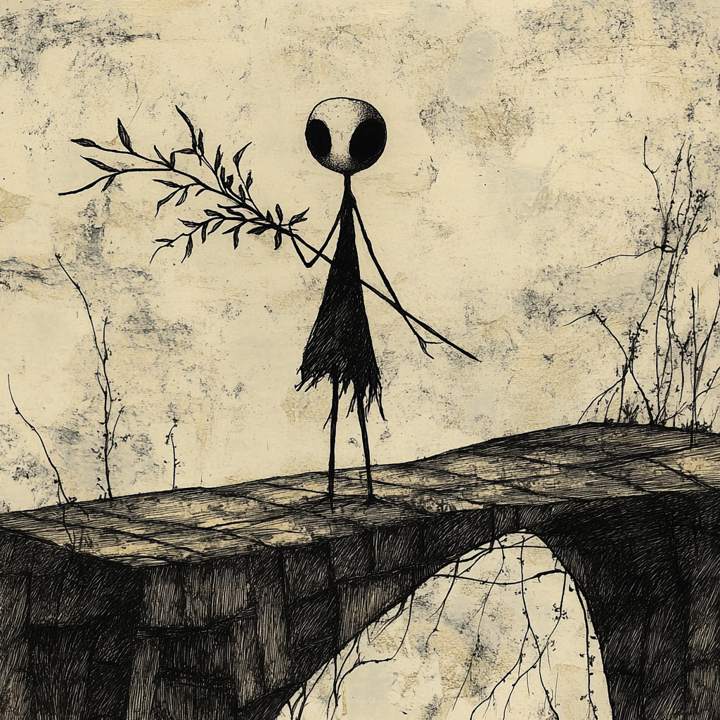 An eerie marionette crosses fragile bridge in solitude.