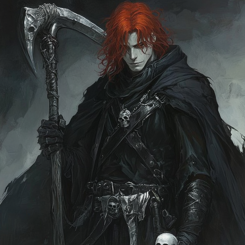 An eerie necromancer with red hair and scythe.