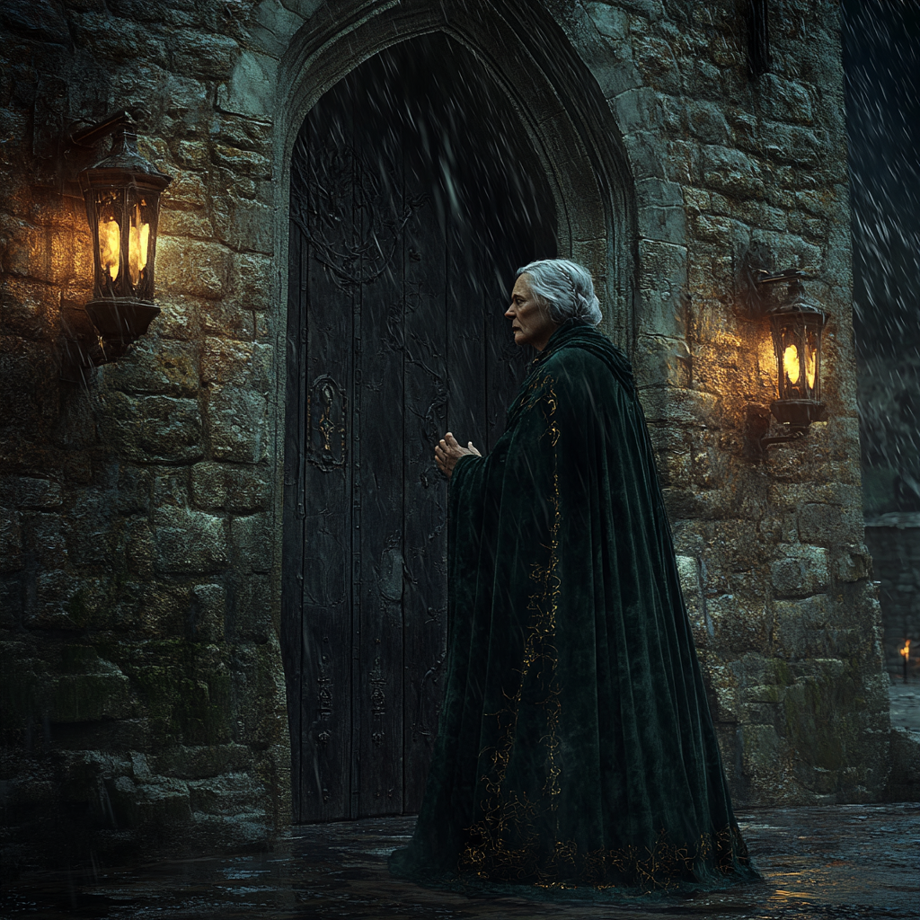 An elderly woman seeks shelter in a fortress