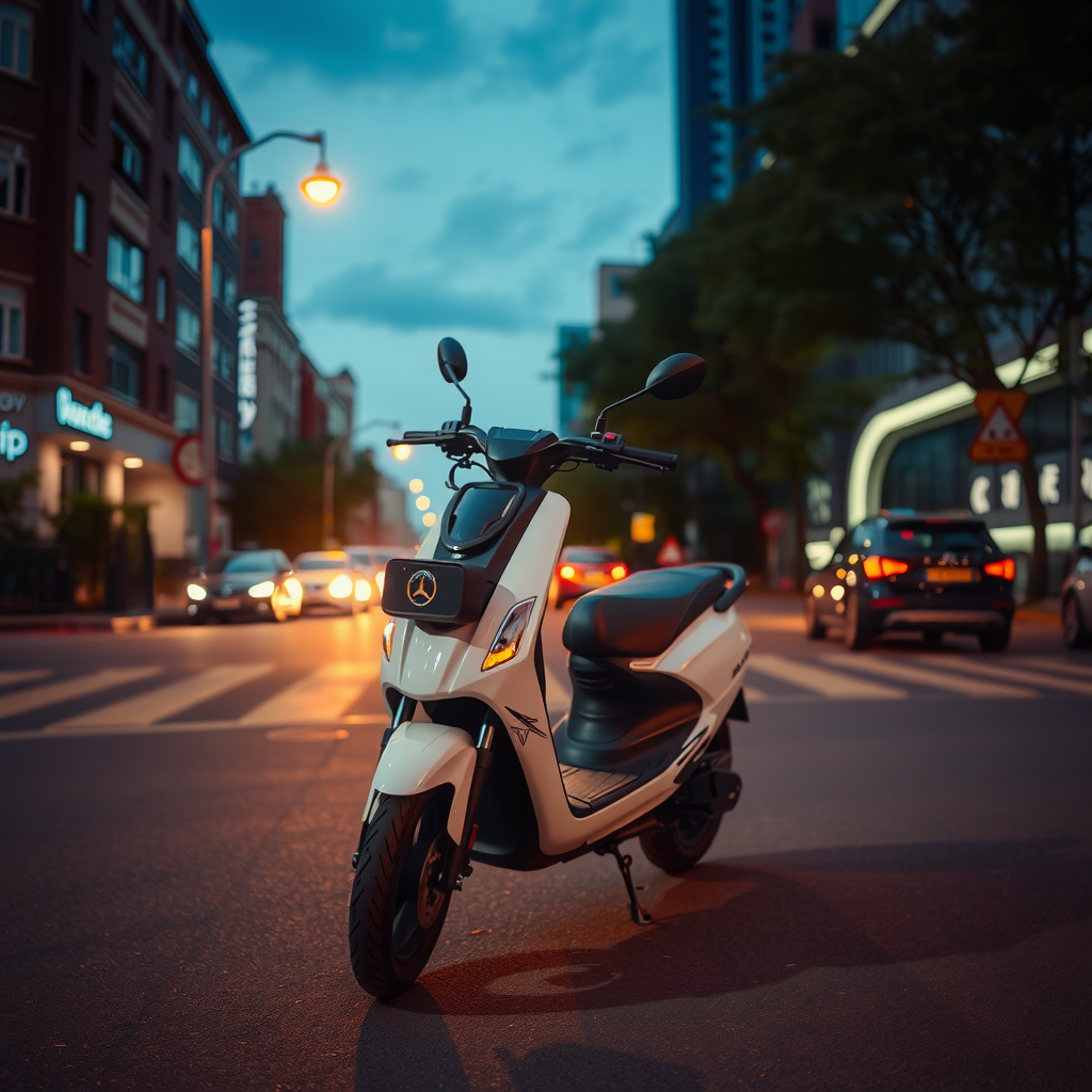 An electric scooter on a quiet evening road.