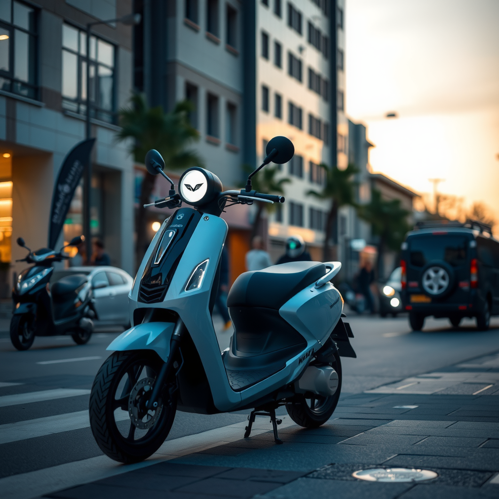 An electric scooter on the evening street.