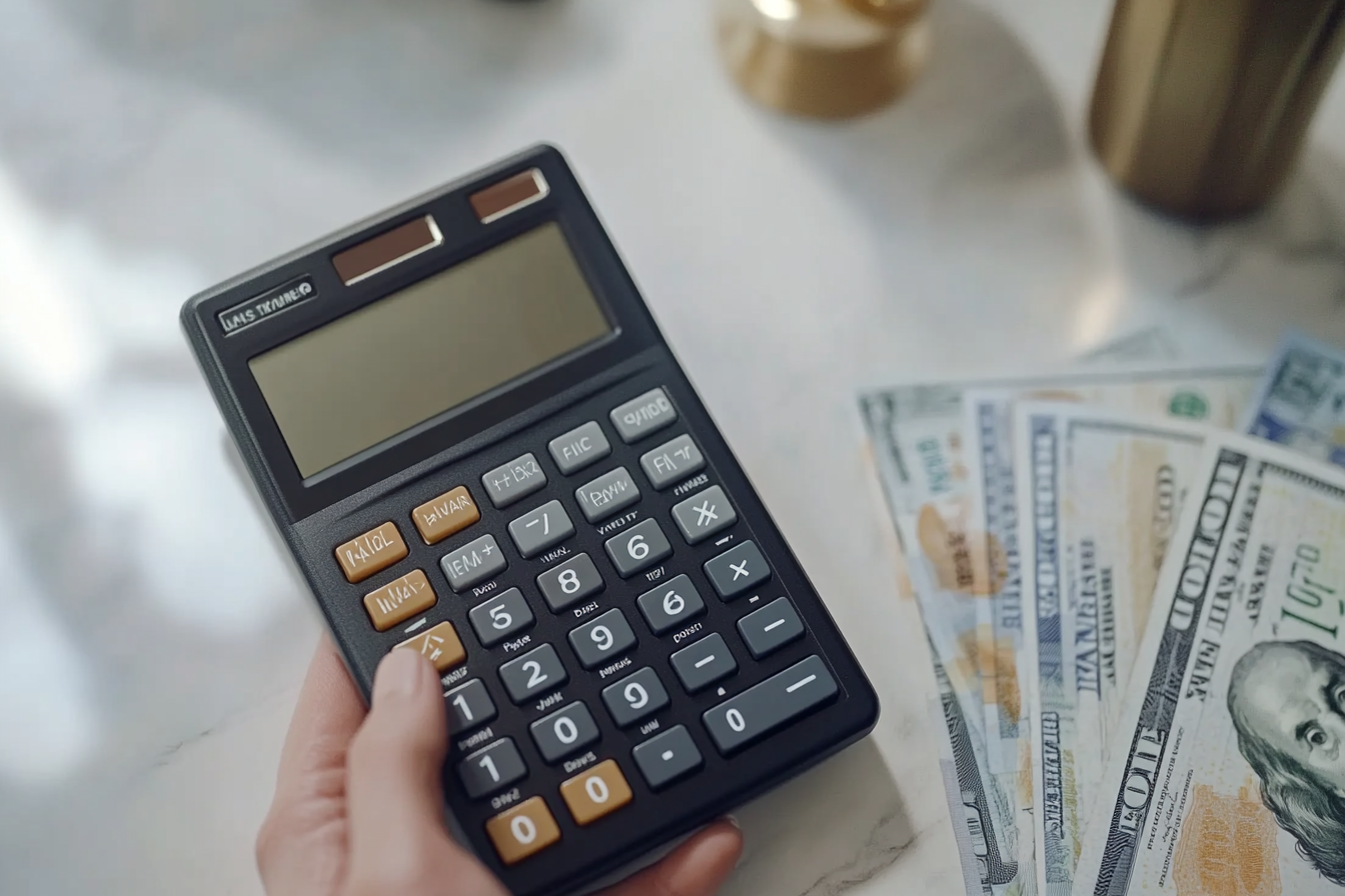 An elegant calculator and currency on clean desk