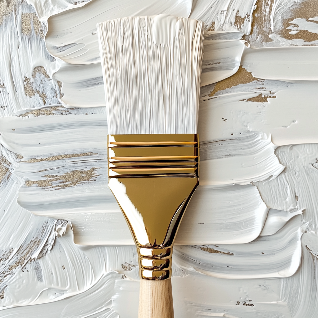 An elegant gold-handled paintbrush spills smooth coffee-colored tones.