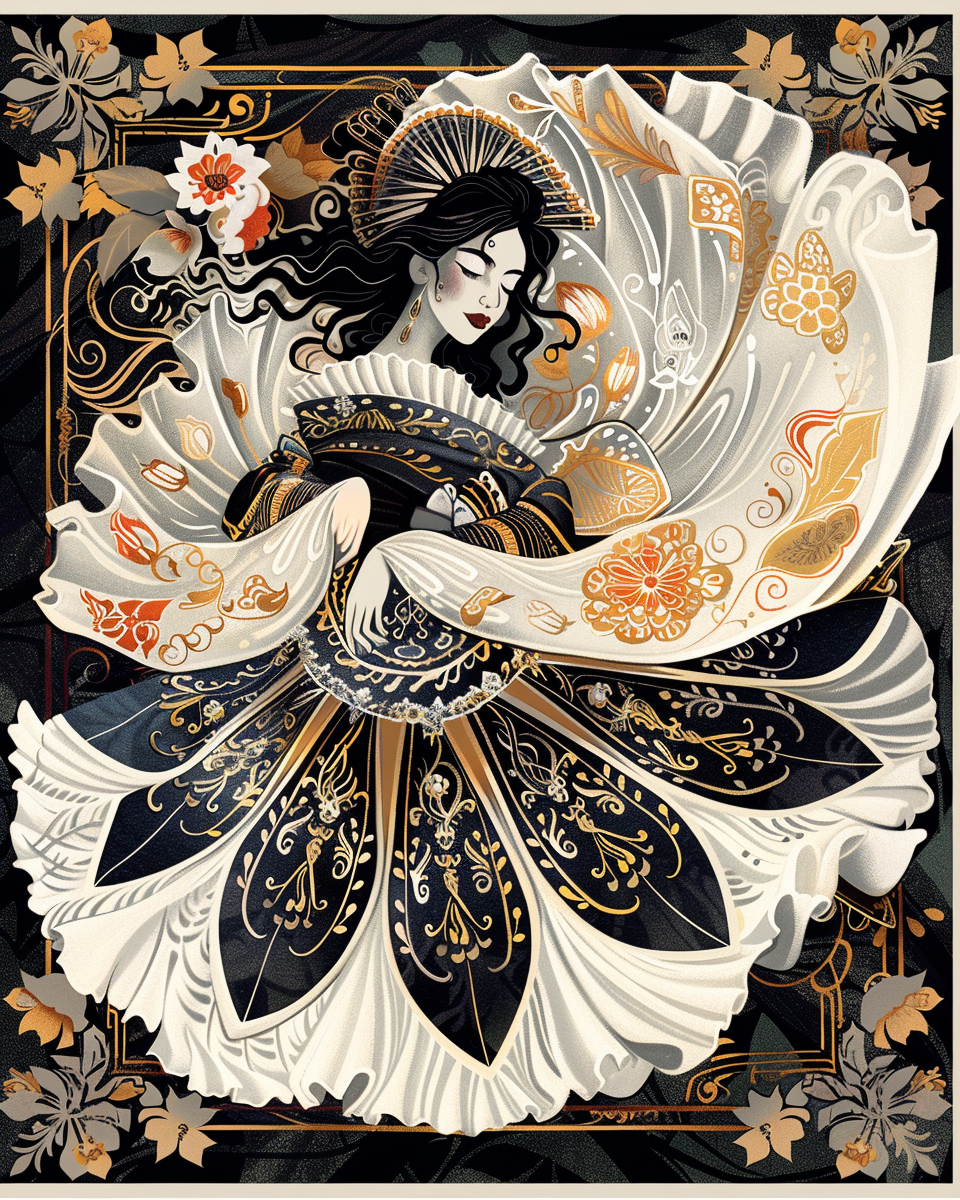 An elegant poster of a geisha dancing fusion