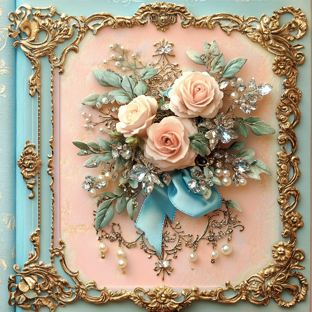 An elegant vintage book with roses and jewelry.