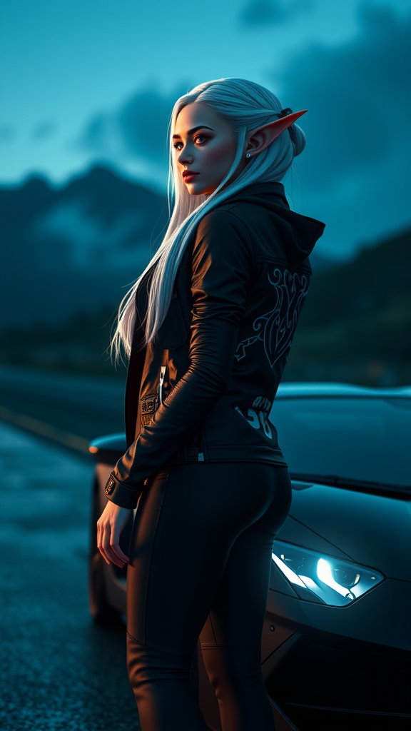 An elf girl with white hair by car.