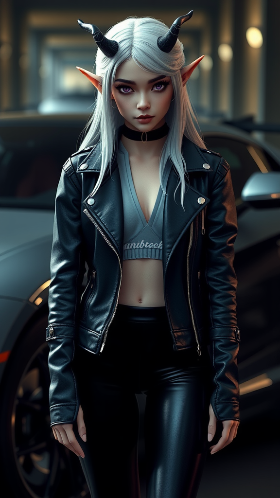 An elf girl with white hair near Lamborghini.