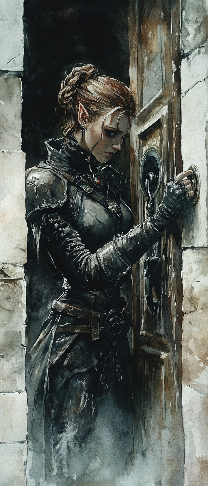 An elf rogue in dark armor picking lock quietly.