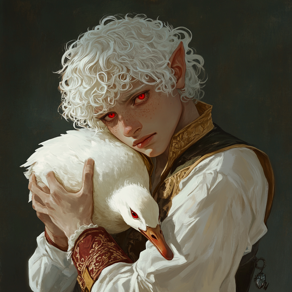 An elf with white hair holds annoyed goose.