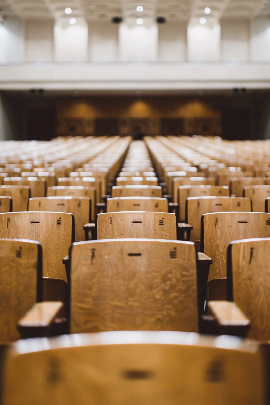 An empty, clean auditorium with rows of seats