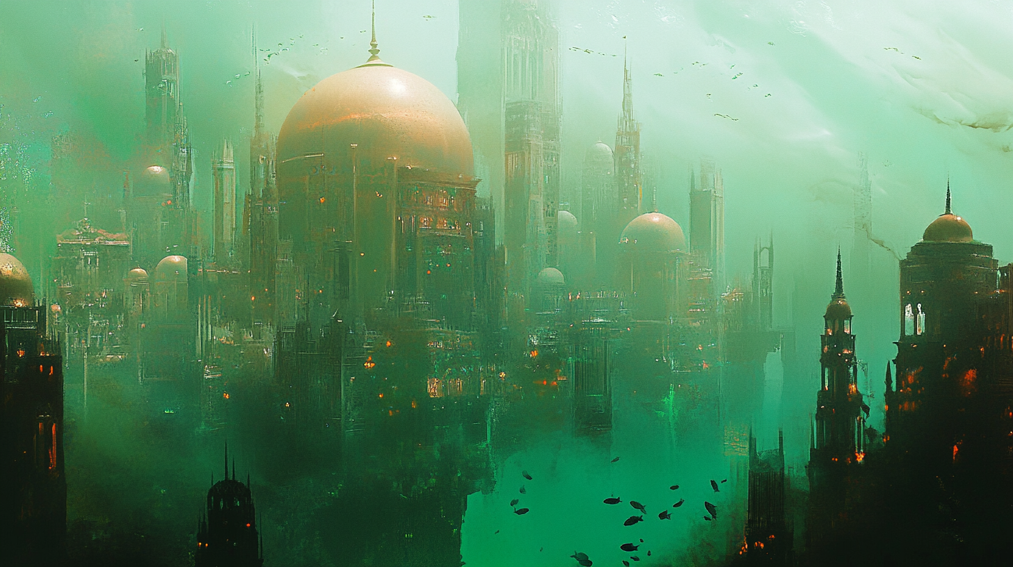 An enchanting underwater city with majestic structures