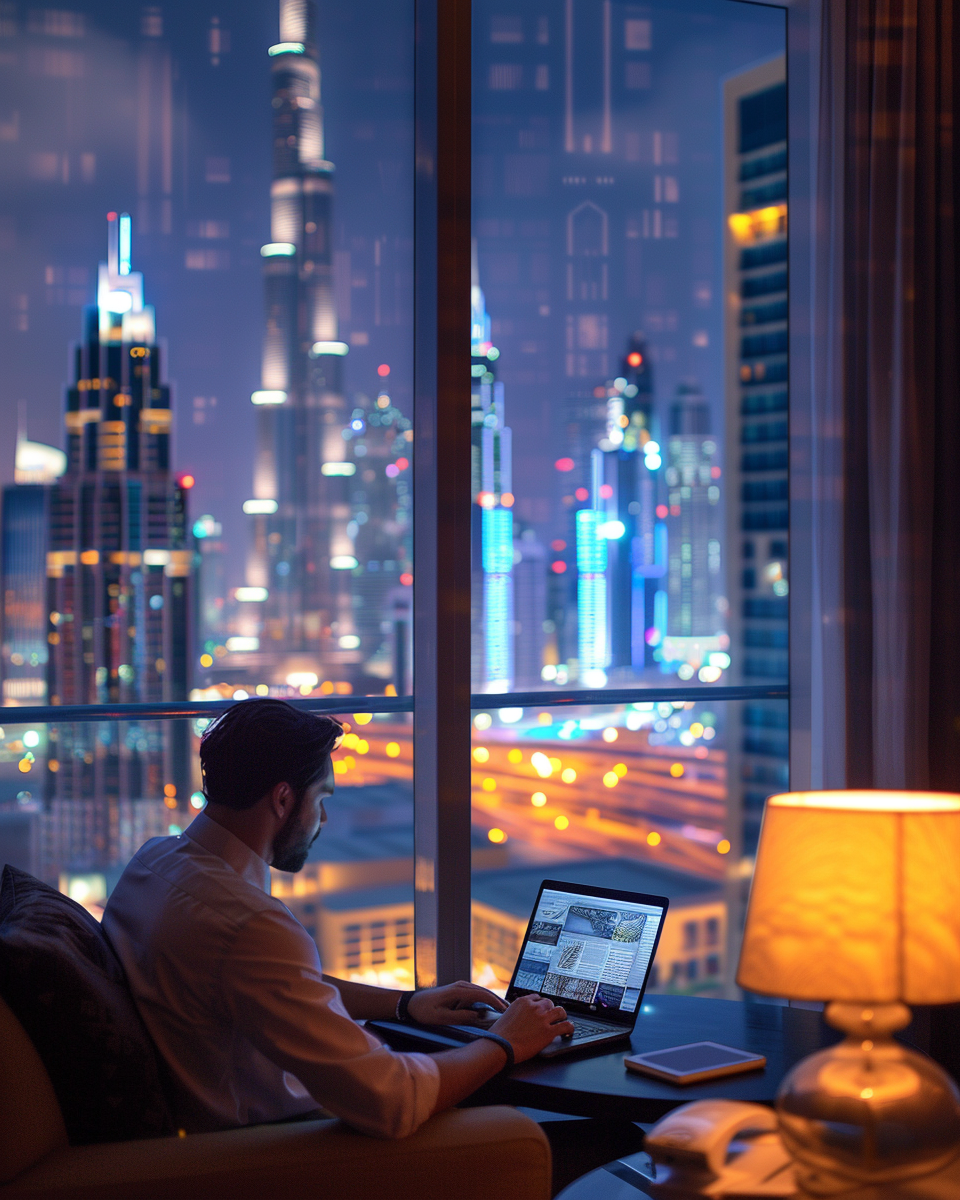 An entrepreneur working in luxurious Dubai hotel suite