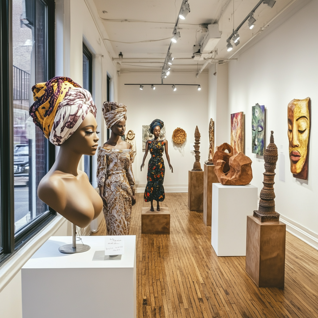 An evening event in a small gallery showcasing afro-asian fashion, art, and music.