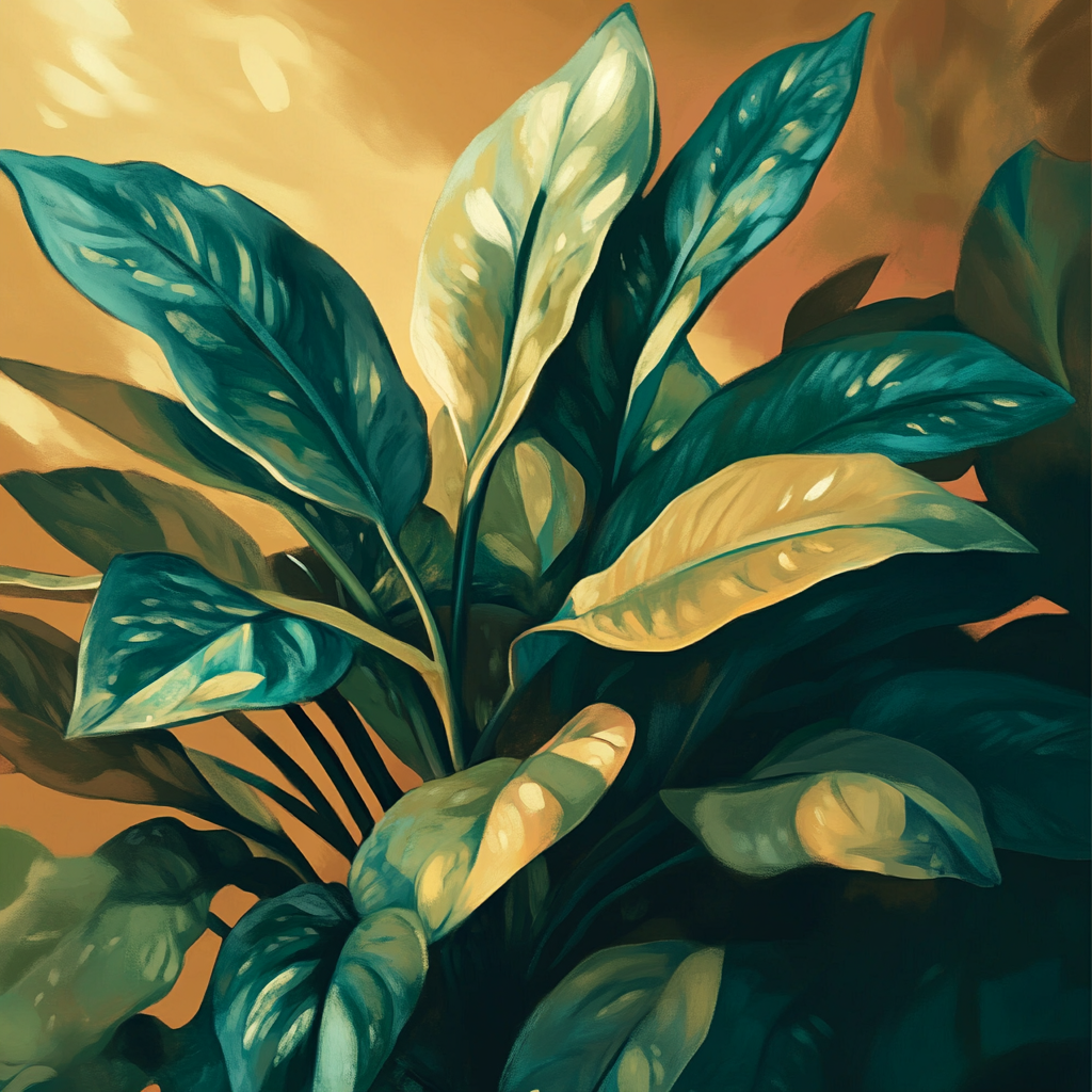 An illustration of vibrant green leaves in golden glow