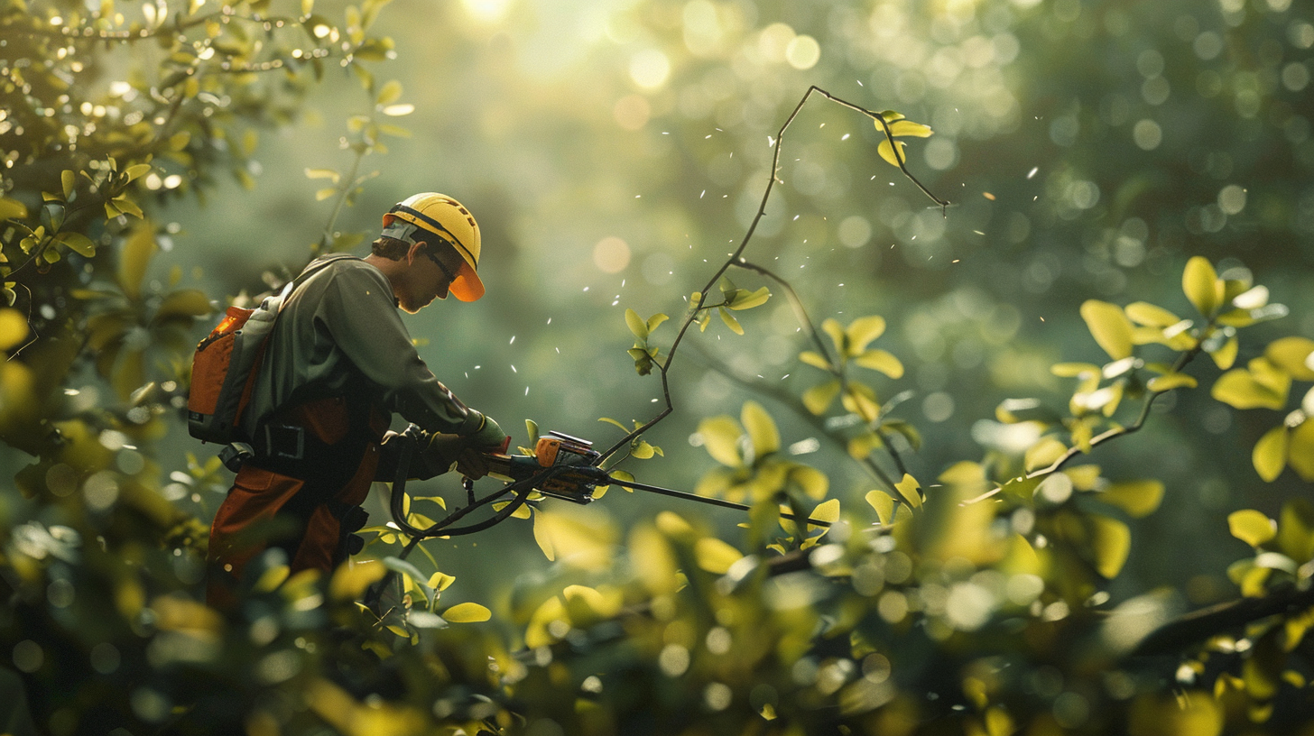 An industrial worker trims tree branches on a mountain.