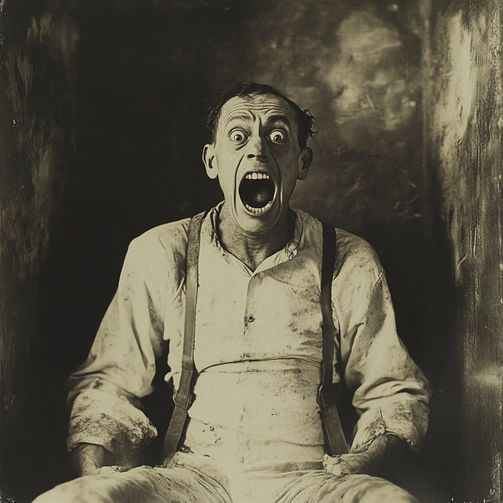 An insane man in straitjacket in 1920 portrait