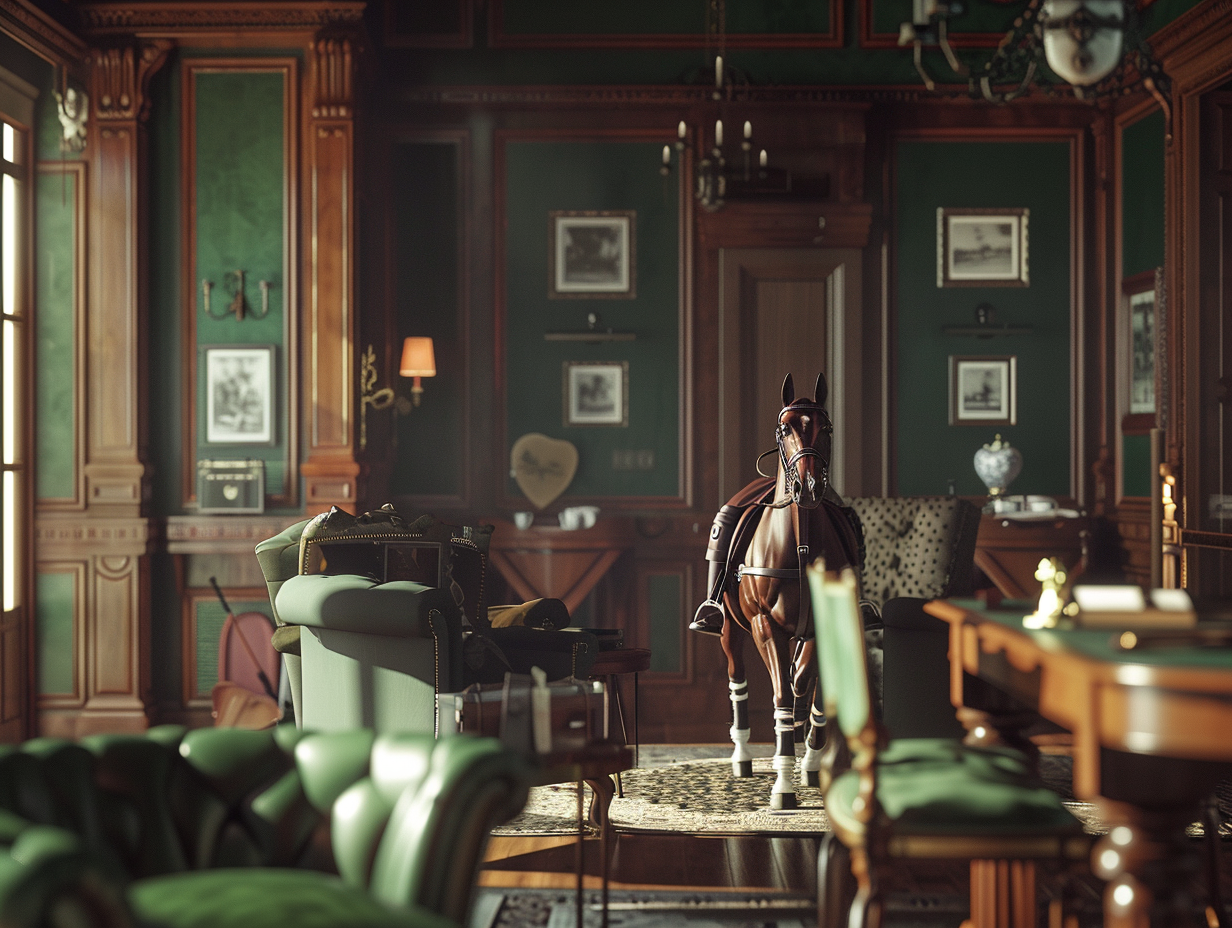 An intricate polo club advertisement with cinematic lighting