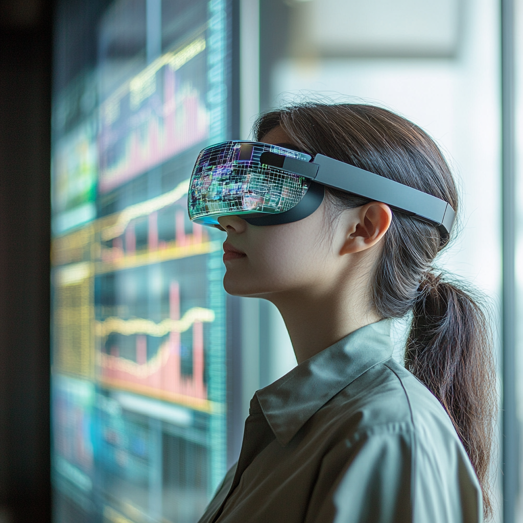 An office worker uses AR glasses, surrounded by graphs.